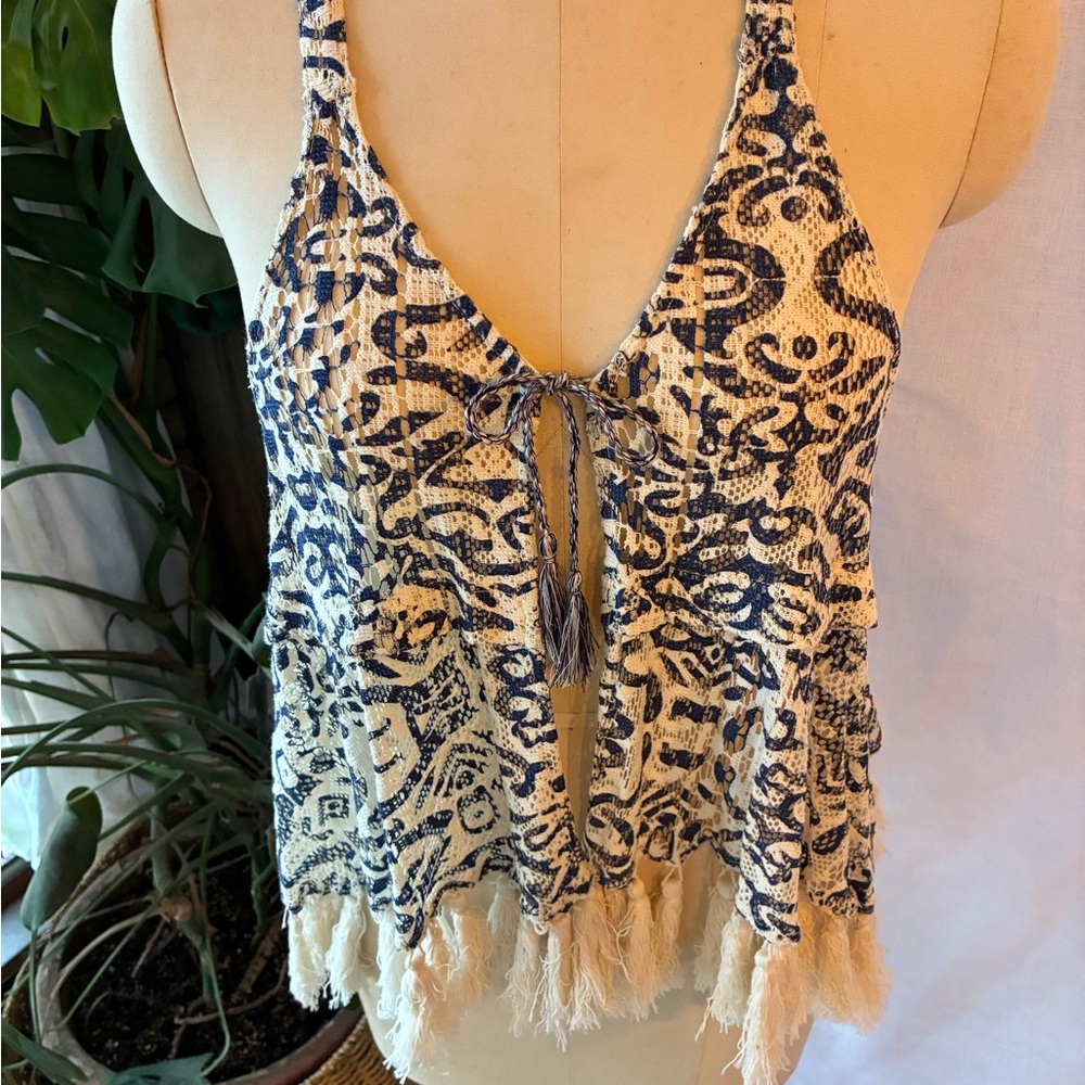 Boho Blue and Cream Fringe Top / Vest